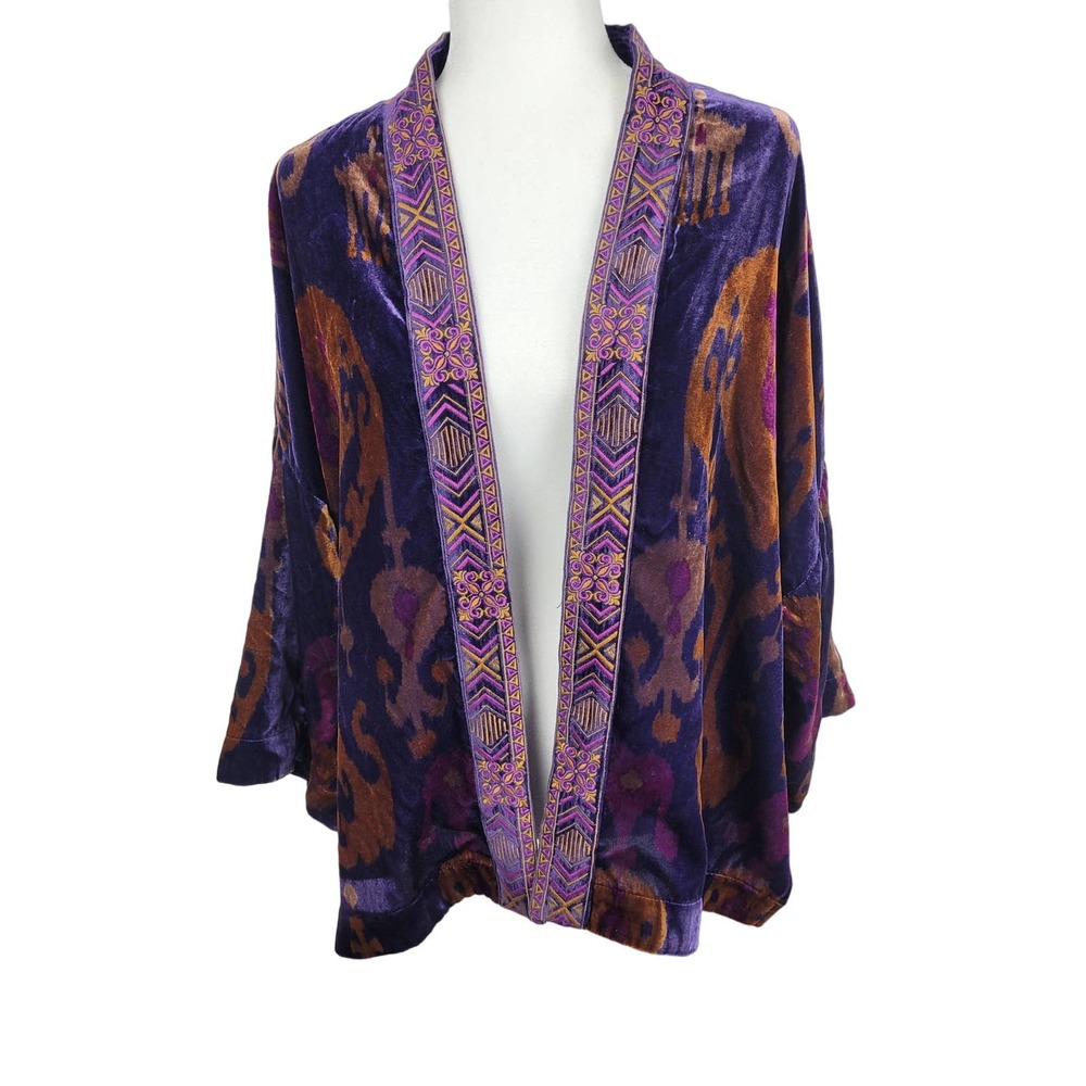 Chico's Women's Burnout Woven Velvet Purple Abstract Print Boho Open Kimono